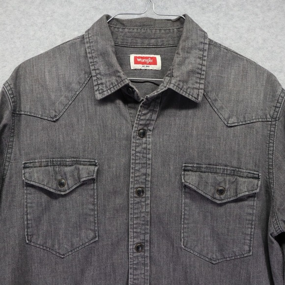 Wrangler Shirt Mens Medium Stretch Denim Western Pearl Snap Gray Long Sleeve - Picture 2 of 7